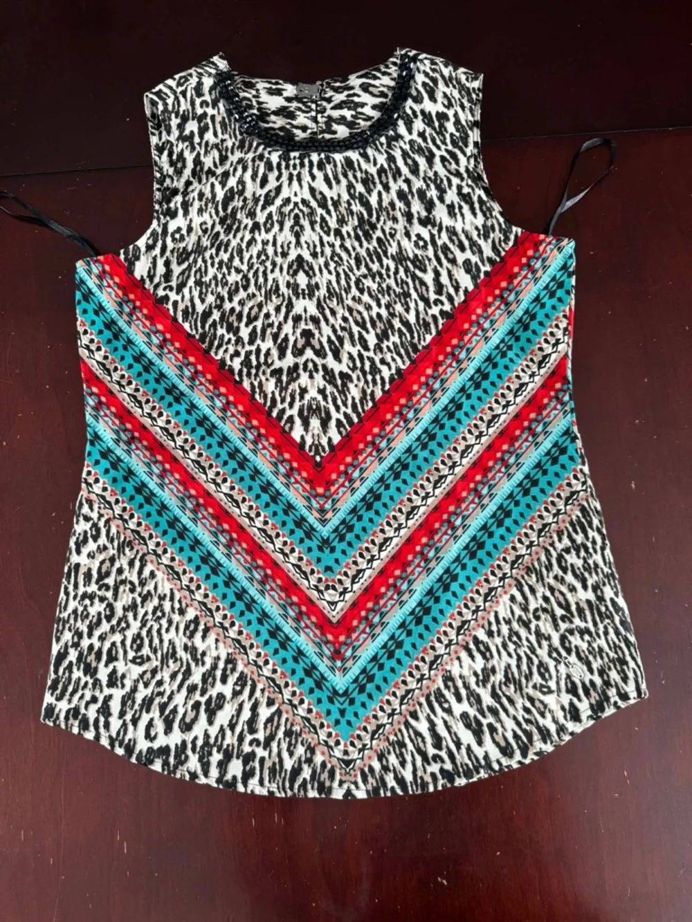 Point Zero Nicole Benisti Leopard Beaded Neckline Sleeveless Top Aztec Boho Bold - Picture 2 of 4